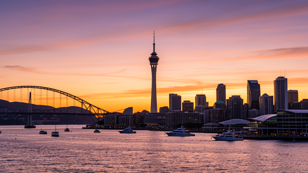 Auckland skyline at dusk with harbour