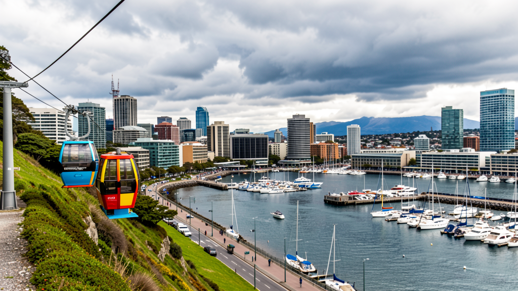 Wellington harbour with cable car and city